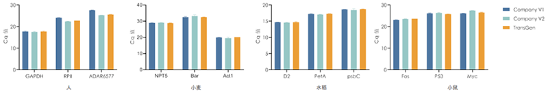 使用Company V1、Company V2、TransGen產(chǎn)品，以不同物種RNA為模板  進(jìn)行反轉(zhuǎn)錄后定量擴(kuò)增不同基因。 結(jié)果表明，TransGen產(chǎn)品可適用于多種物種。